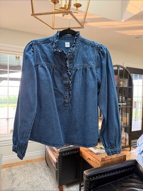GAP Dark Denim Ruffle-Trim Button Popover Blouse